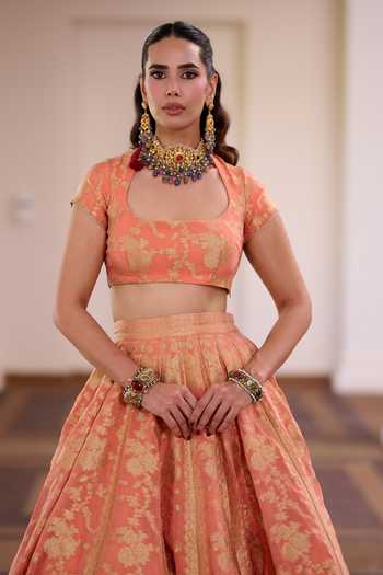 Safaa_Peach Organza, Shantoon Scoop Neck Kesar Rasmalai Woven Lehenga Set _at_Aza_Fashions