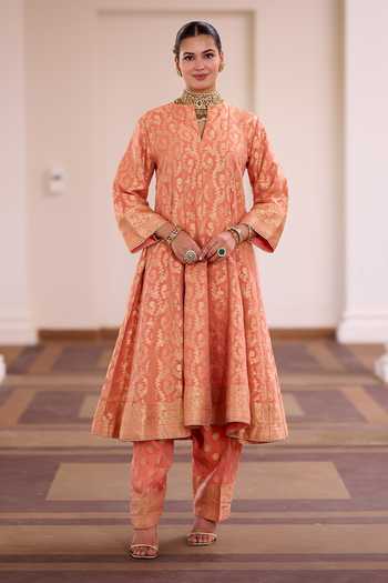 Shop_Safaa_Peach Organza, Shantoon Kesariya Jalebi Banarasi Anarkali Set _Online_at_Aza_Fashions
