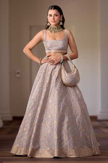 Safaa_Grey Shantoon, Vegan Silk Square Neck Khoya Chand Floral Zari Woven Lehenga Set _Online_at_Aza_Fashions