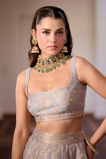Buy_Safaa_Grey Shantoon, Vegan Silk Square Neck Khoya Chand Floral Zari Woven Lehenga Set _Online_at_Aza_Fashions