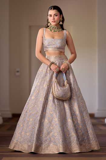 Shop_Safaa_Grey Shantoon, Vegan Silk Square Neck Khoya Chand Floral Zari Woven Lehenga Set _Online_at_Aza_Fashions