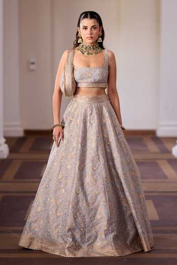 Safaa_Grey Shantoon, Vegan Silk Square Neck Khoya Chand Floral Zari Woven Lehenga Set _at_Aza_Fashions