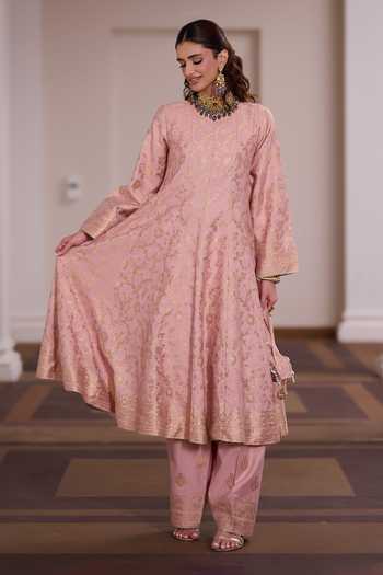 Buy_Safaa_Pink Vegan Silk High Neck Madhur Malai Floral Zari Woven Anarkali Set _Online_at_Aza_Fashions