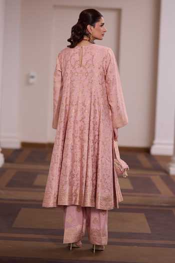 Shop_Safaa_Pink Vegan Silk High Neck Madhur Malai Floral Zari Woven Anarkali Set _Online_at_Aza_Fashions