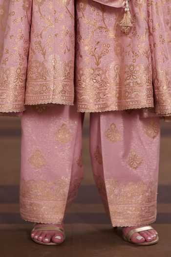 Safaa_Pink Vegan Silk High Neck Madhur Malai Floral Zari Woven Anarkali Set _at_Aza_Fashions