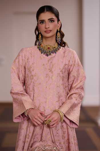 Buy_Safaa_Pink Vegan Silk High Neck Madhur Malai Floral Zari Woven Anarkali Set 