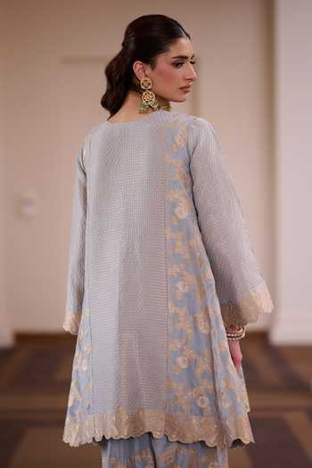 Shop Safaa Grey Vegan Silk Split V-neck Malai Ghewar Bandhani Kurta Set Online at Aza Fashions Shop_Safaa_Grey Vegan Silk Split V-neck Malai Ghewar Bandhani Kurta Set _Online_at_Aza_Fashions