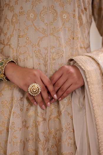 Shop Safaa Ivory Vegan Silk, Shantoon Keyhole Neck Misri Mawa Floral Woven Anarkali Set Shop_Safaa_Ivory Vegan Silk, Shantoon Keyhole Neck Misri Mawa Floral Woven Anarkali Set