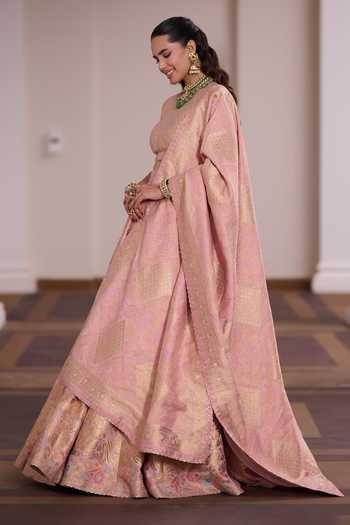 Safaa_Pink Silk, Shantoon Round Neck Pankhuri Rasmalai Woven Lehenga Set _Online_at_Aza_Fashions