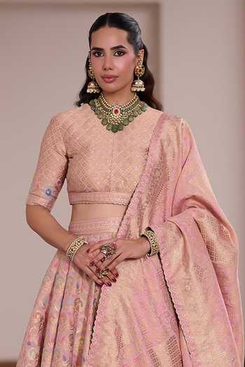 Buy_Safaa_Pink Silk, Shantoon Round Neck Pankhuri Rasmalai Woven Lehenga Set _Online_at_Aza_Fashions