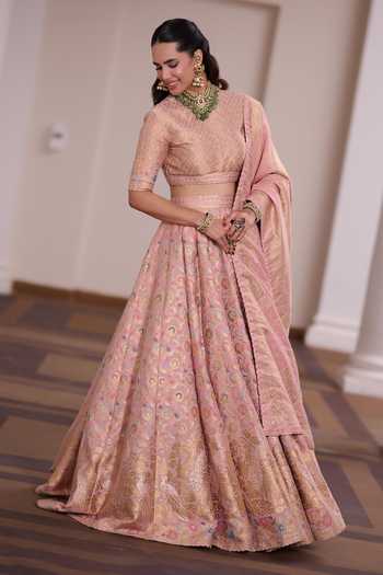 Shop_Safaa_Pink Silk, Shantoon Round Neck Pankhuri Rasmalai Woven Lehenga Set _Online_at_Aza_Fashions