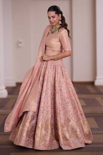 Safaa_Pink Silk, Shantoon Round Neck Pankhuri Rasmalai Woven Lehenga Set _at_Aza_Fashions