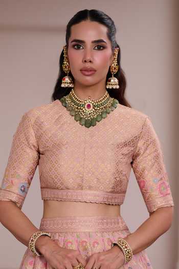 Buy_Safaa_Pink Silk, Shantoon Round Neck Pankhuri Rasmalai Woven Lehenga Set 