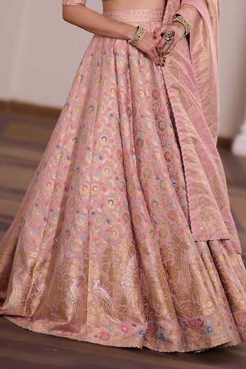 Shop_Safaa_Pink Silk, Shantoon Round Neck Pankhuri Rasmalai Woven Lehenga Set 