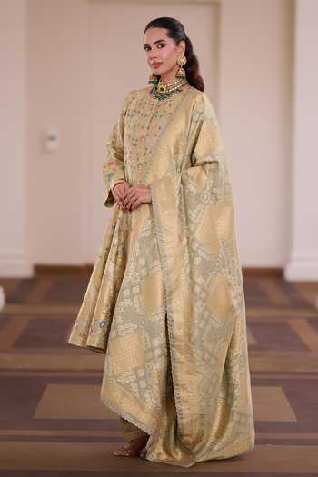 Safaa_Green Silk Round Neck Pista Chandrakala Meenakari Anarkali Set _Online_at_Aza_Fashions