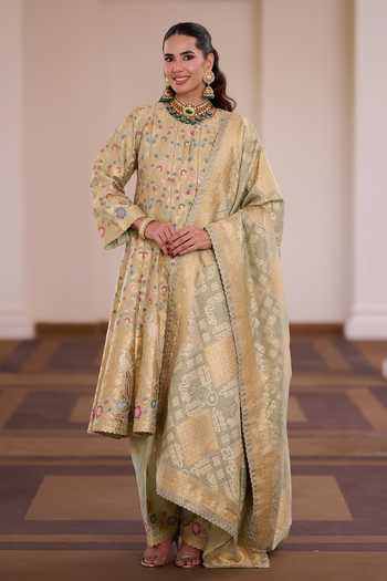 Buy_Safaa_Green Silk Round Neck Pista Chandrakala Meenakari Anarkali Set _Online_at_Aza_Fashions