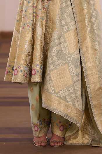Shop_Safaa_Green Silk Round Neck Pista Chandrakala Meenakari Anarkali Set _Online_at_Aza_Fashions