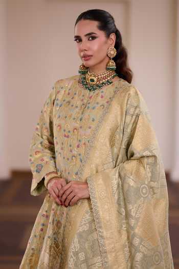 Safaa_Green Silk Round Neck Pista Chandrakala Meenakari Anarkali Set _at_Aza_Fashions