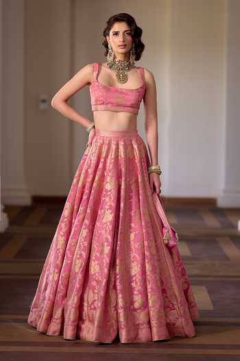 Safaa_Pink Shantoon, Organza Square Neck Rose Kalakand Floral Woven Lehenga Set _Online_at_Aza_Fashions