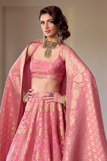 Buy_Safaa_Pink Shantoon, Organza Square Neck Rose Kalakand Floral Woven Lehenga Set _Online_at_Aza_Fashions