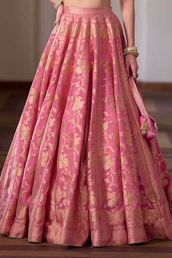 Shop_Safaa_Pink Shantoon, Organza Square Neck Rose Kalakand Floral Woven Lehenga Set _Online_at_Aza_Fashions