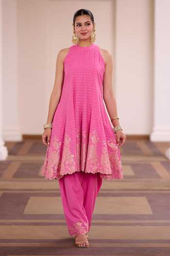 Safaa_Fuchsia Vegan Silk High Neck Rose Rabri Zari Woven Anarkali Set _Online_at_Aza_Fashions