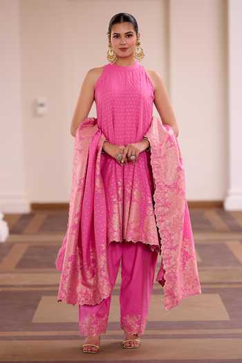 Buy_Safaa_Fuchsia Vegan Silk High Neck Rose Rabri Zari Woven Anarkali Set _Online_at_Aza_Fashions