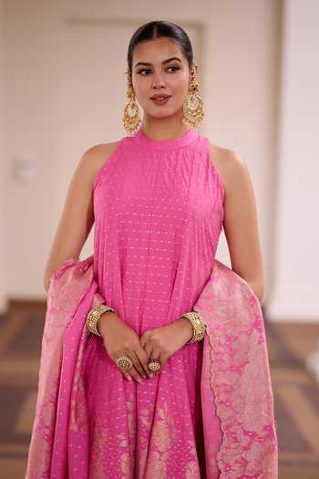 Shop_Safaa_Fuchsia Vegan Silk High Neck Rose Rabri Zari Woven Anarkali Set _Online_at_Aza_Fashions