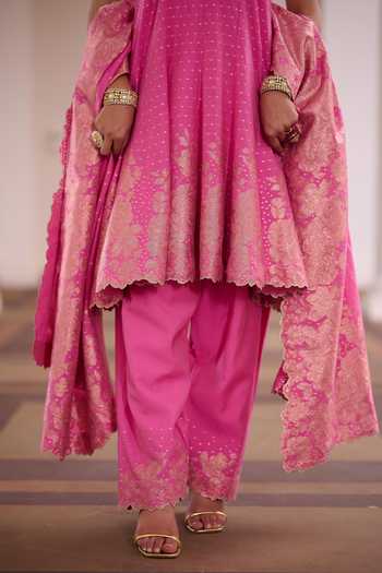 Safaa_Fuchsia Vegan Silk High Neck Rose Rabri Zari Woven Anarkali Set _at_Aza_Fashions
