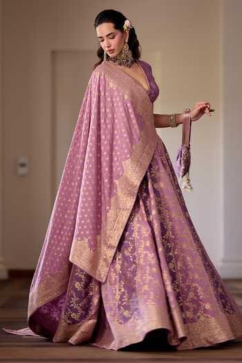 Safaa_Purple Silk, Shantoon V-neck Shahi Gulab Jamun Woven Lehenga Set _Online_at_Aza_Fashions