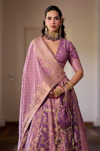 Buy_Safaa_Purple Silk, Shantoon V-neck Shahi Gulab Jamun Woven Lehenga Set _Online_at_Aza_Fashions