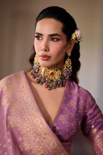 Shop_Safaa_Purple Silk, Shantoon V-neck Shahi Gulab Jamun Woven Lehenga Set _Online_at_Aza_Fashions