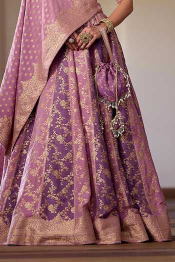 Safaa_Purple Silk, Shantoon V-neck Shahi Gulab Jamun Woven Lehenga Set _at_Aza_Fashions