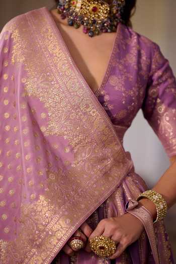 Buy_Safaa_Purple Silk, Shantoon V-neck Shahi Gulab Jamun Woven Lehenga Set 