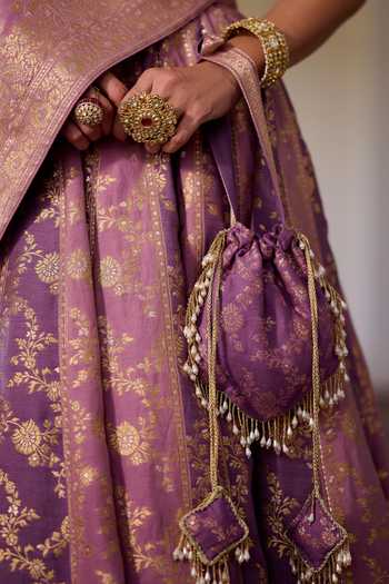 Shop_Safaa_Purple Silk, Shantoon V-neck Shahi Gulab Jamun Woven Lehenga Set 