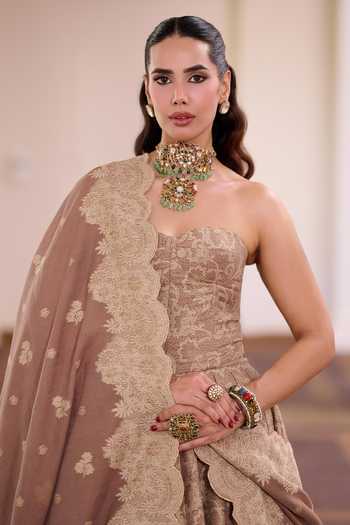 Safaa_Brown Silk Sweetheart Neck Shahi Tukda Woven Corset Lehenga Set _Online_at_Aza_Fashions
