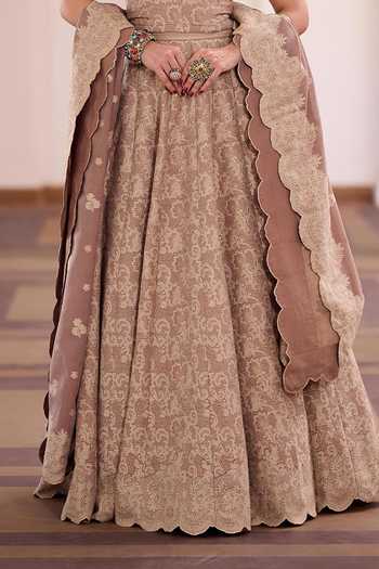 Buy_Safaa_Brown Silk Sweetheart Neck Shahi Tukda Woven Corset Lehenga Set _Online_at_Aza_Fashions