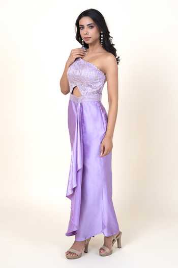 Jhambthreads Purple Satin, Net, Chiffon, Crepe One Shoulder Embellished Draped Dress Online at Aza Fashions Jhambthreads_Purple Satin, Net, Chiffon, Crepe One Shoulder Embellished Draped Dress _Online_at_Aza_Fashions