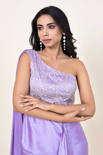 Shop Jhambthreads Purple Satin, Net, Chiffon, Crepe One Shoulder Embellished Draped Dress Online at Aza Fashions Shop_Jhambthreads_Purple Satin, Net, Chiffon, Crepe One Shoulder Embellished Draped Dress _Online_at_Aza_Fashions