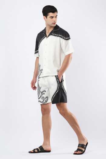 Limerick By Abirr N' Nanki_Black Linen Mace Warli Print Shorts _Online_at_Aza_Fashions
