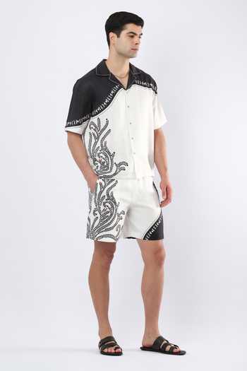 Buy_Limerick By Abirr N' Nanki_Black Linen Mace Warli Print Shorts _Online_at_Aza_Fashions
