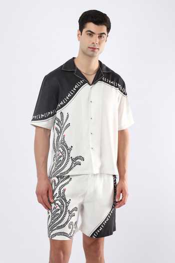 Shop_Limerick By Abirr N' Nanki_Black Linen Mace Warli Print Shorts _Online_at_Aza_Fashions