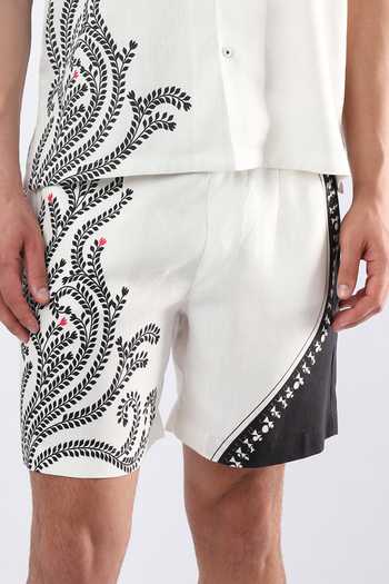 Limerick By Abirr N' Nanki_Black Linen Mace Warli Print Shorts _at_Aza_Fashions