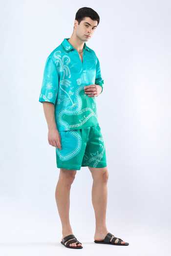 Buy_Limerick By Abirr N' Nanki_Blue Satin, Linen Cal Printed Shorts _Online_at_Aza_Fashions