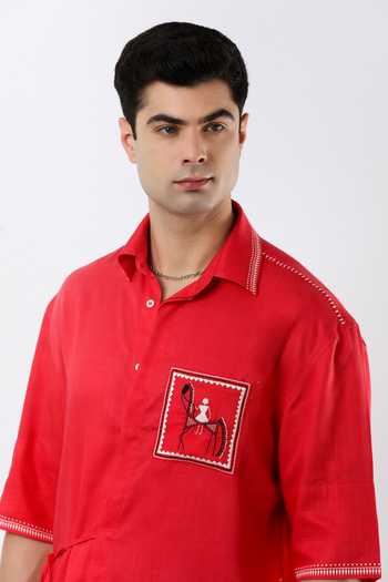 Shop_Limerick By Abirr N' Nanki_Red Linen John Textured Shirt _Online_at_Aza_Fashions