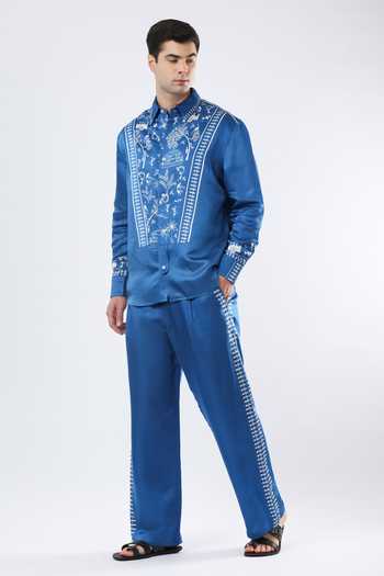 Shop Limerick By Abirr N' Nanki Blue Satin, Linen Zev Pant Online at Aza Fashions Shop_Limerick By Abirr N' Nanki_Blue Satin, Linen Zev Pant _Online_at_Aza_Fashions