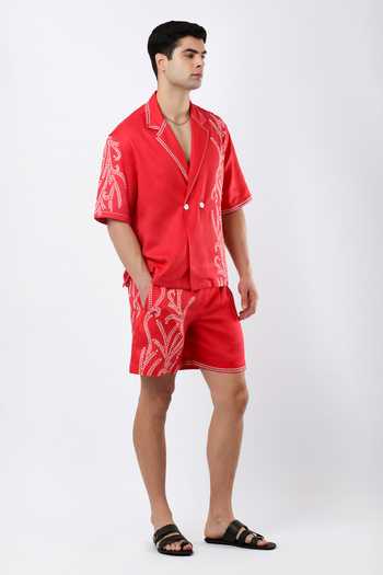Limerick By Abirr N' Nanki_Red Linen Bud Textured Embroidered Shirt _Online_at_Aza_Fashions