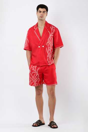 Buy_Limerick By Abirr N' Nanki_Red Linen Bud Textured Embroidered Shirt _Online_at_Aza_Fashions