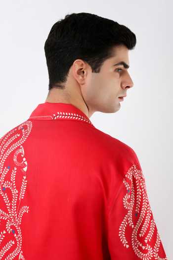 Shop_Limerick By Abirr N' Nanki_Red Linen Bud Textured Embroidered Shirt _Online_at_Aza_Fashions