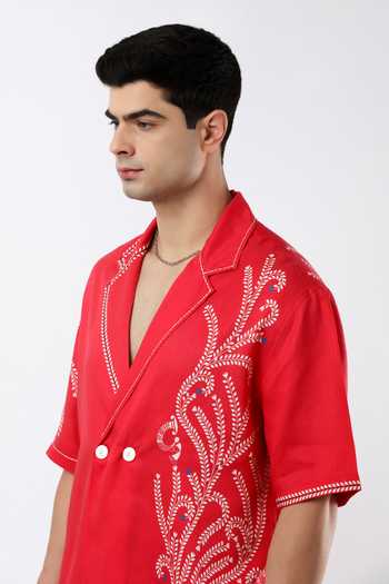 Limerick By Abirr N' Nanki_Red Linen Bud Textured Embroidered Shirt _at_Aza_Fashions